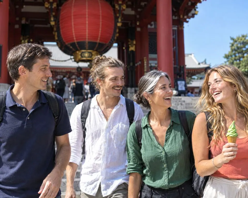 Amigos de viaje frente al templo Senso-ji, en Asakusa, Tokio